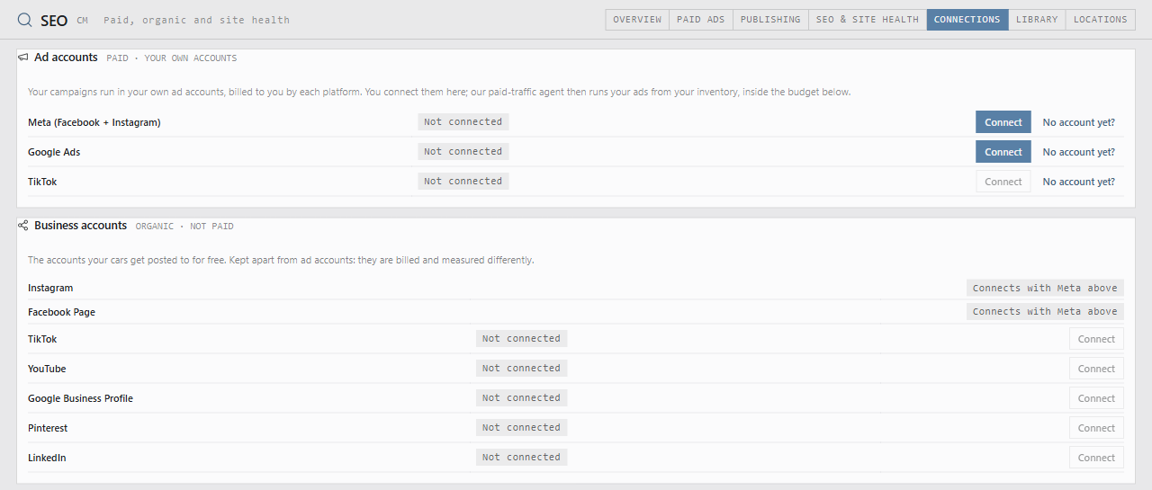 Caeruz Connections tab before connecting, with Connect buttons for Meta and Google Ads