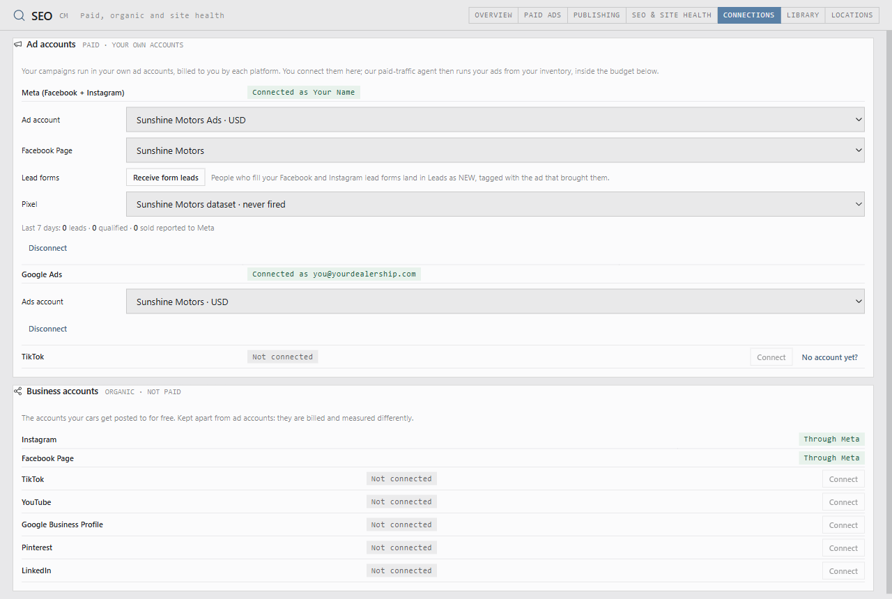 Caeruz Connections tab after connecting Meta and Google Ads, with ad account, Page, lead forms and pixel chosen