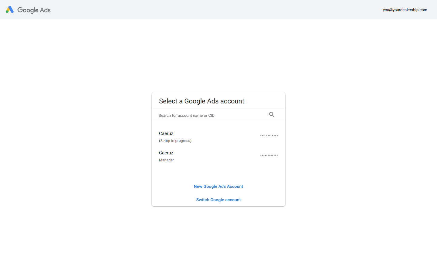 Google Ads Select a Google Ads account screen listing an account with setup in progress, a manager account, and a New Google Ads Account link
