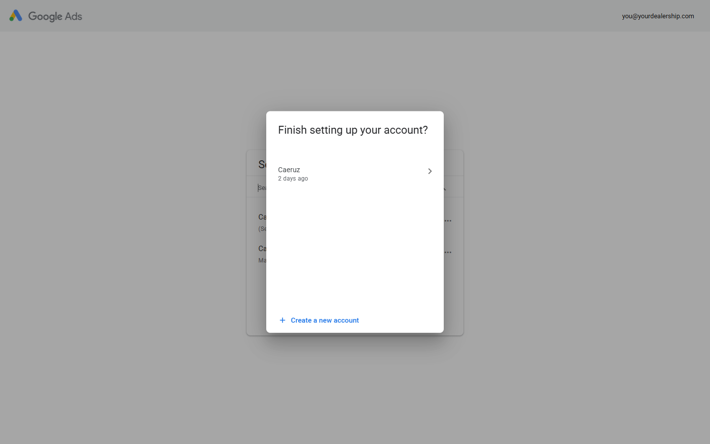 Finish setting up your account dialog offering an unfinished account or Create a new account