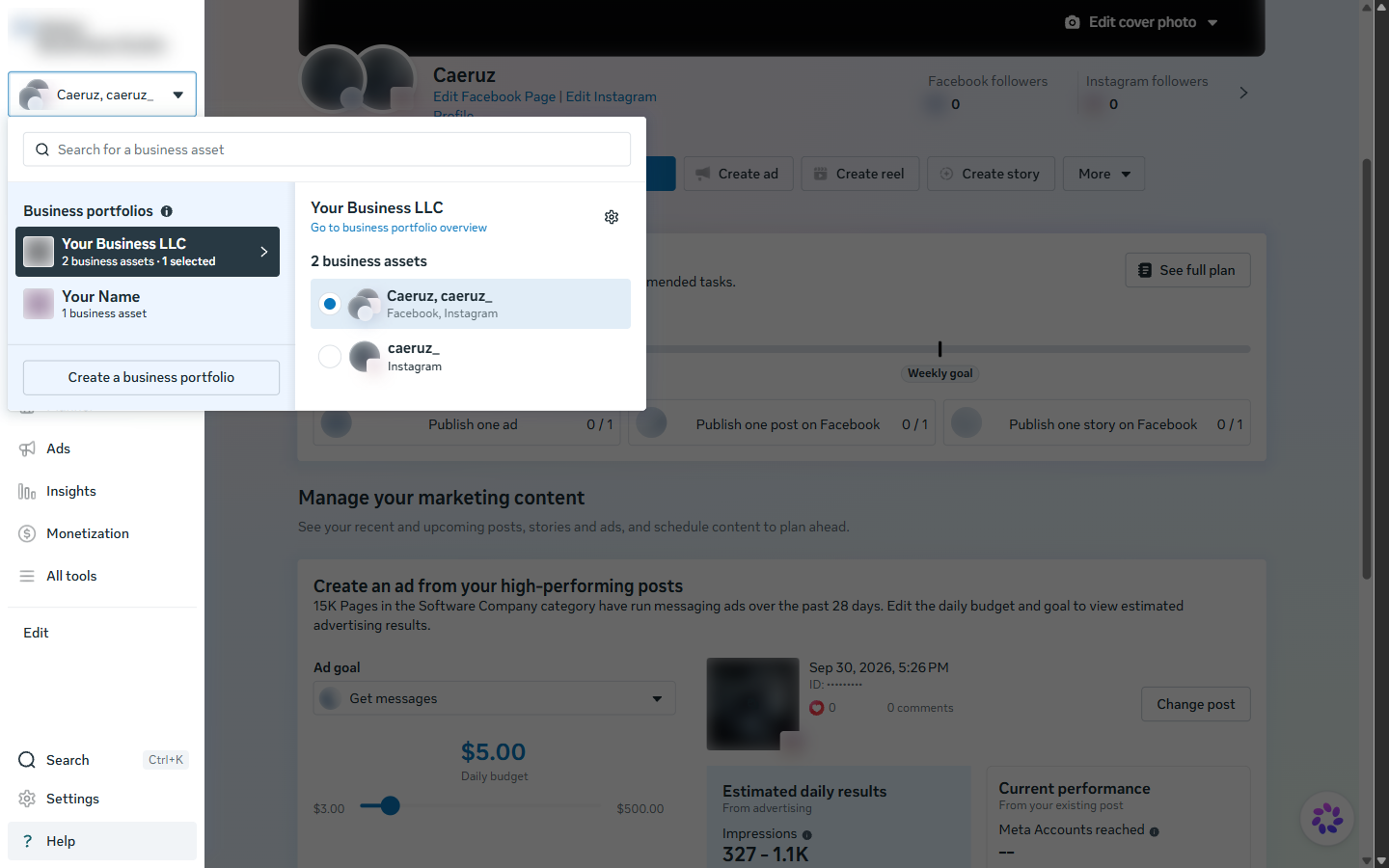 Meta Business Suite account menu open, listing business portfolios with a Create a business portfolio button at the bottom