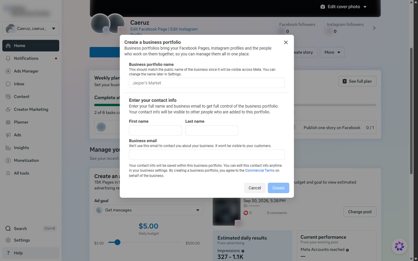 Create a business portfolio form with fields for portfolio name, first name, last name and business email