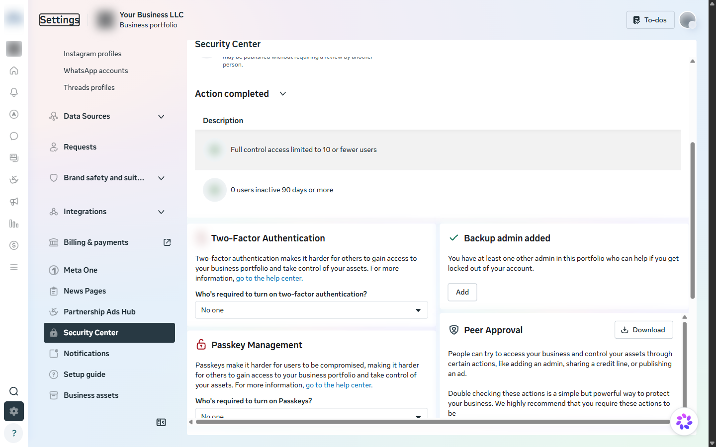 Security Center with two-factor authentication setting and backup admin card