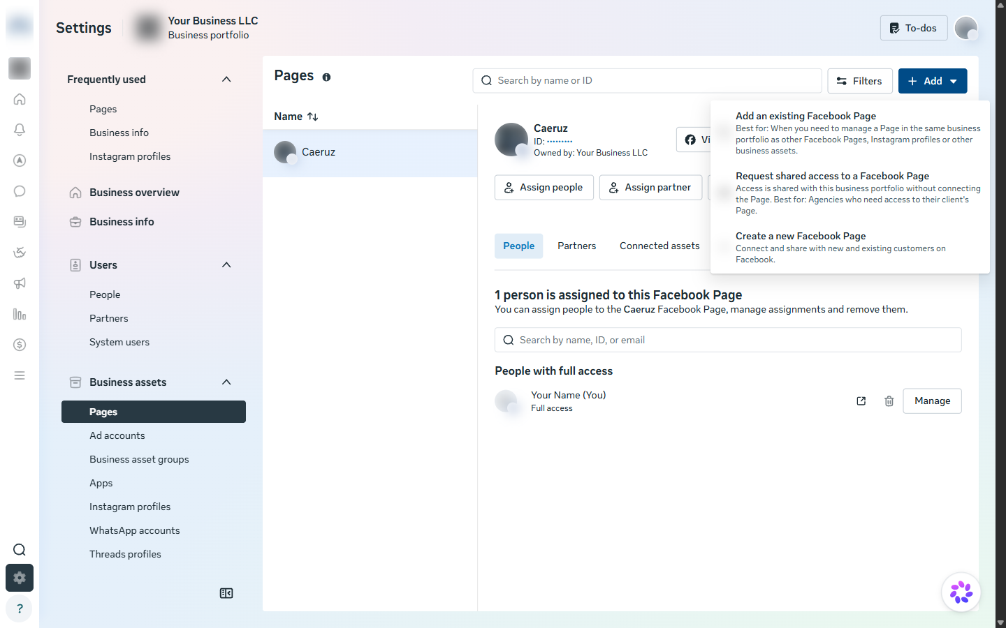 Business Suite Pages settings with the Add menu open showing three options