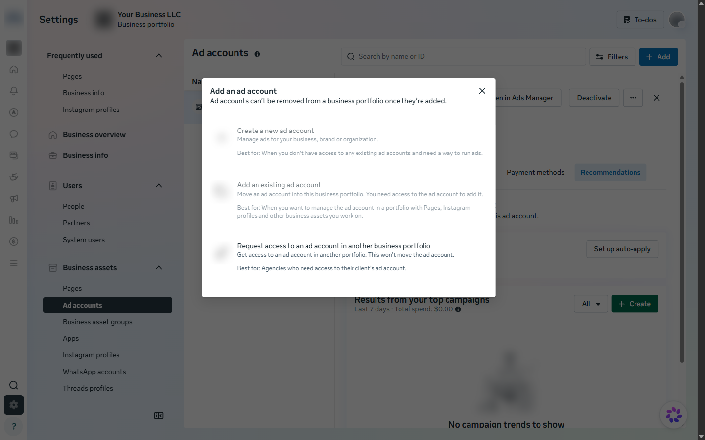 Add an ad account dialog with options to create a new ad account, add an existing one, or request access