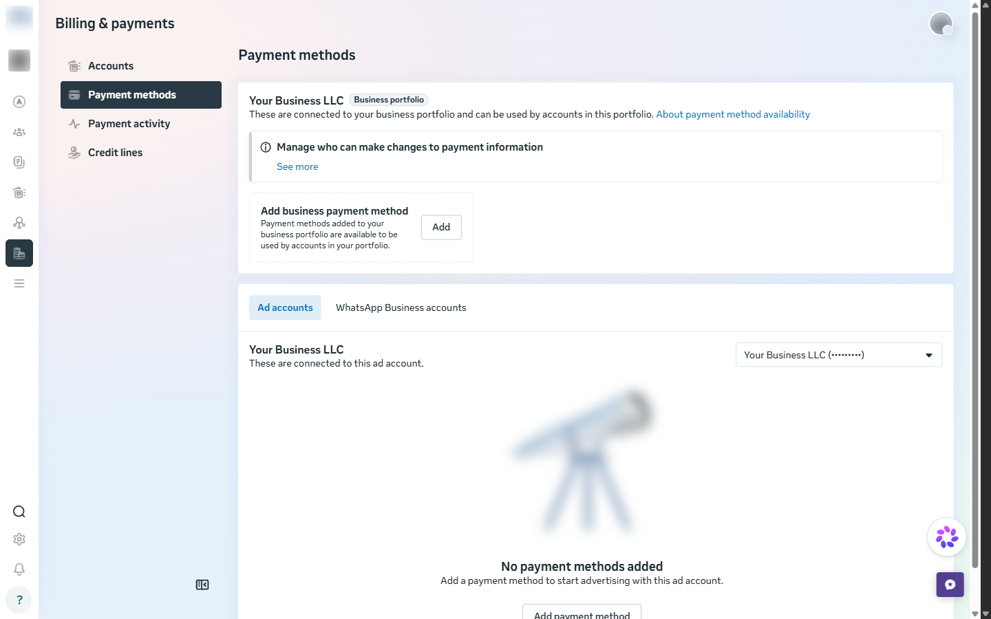 Billing and payments page showing No payment methods added for the ad account, with an Add payment method button
