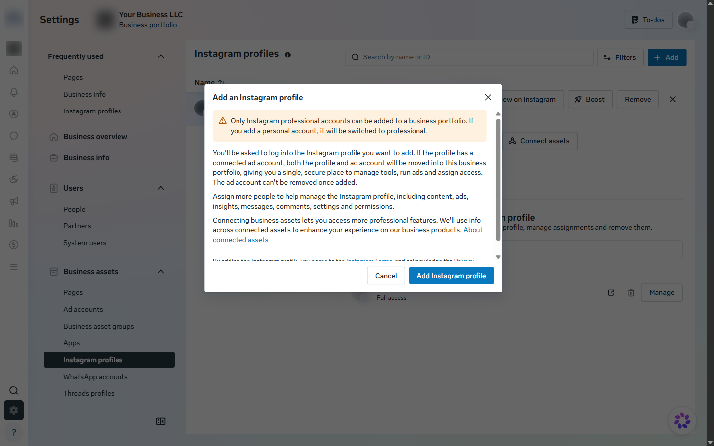 Add an Instagram profile dialog warning that only professional accounts can be added and personal accounts will be switched
