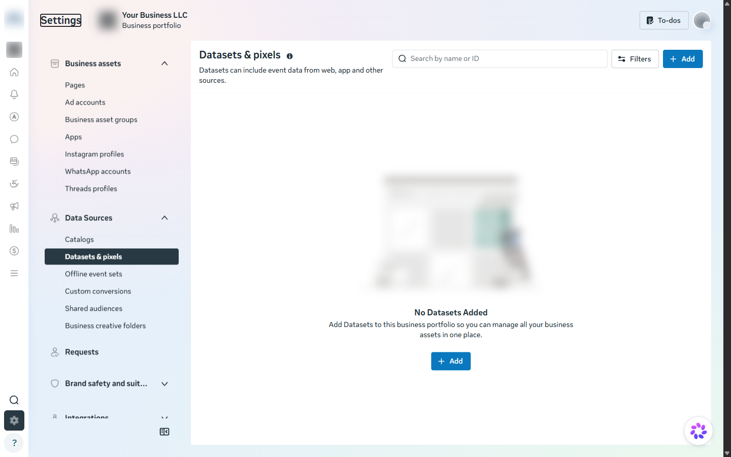 Datasets and pixels settings page showing No Datasets Added with an Add button