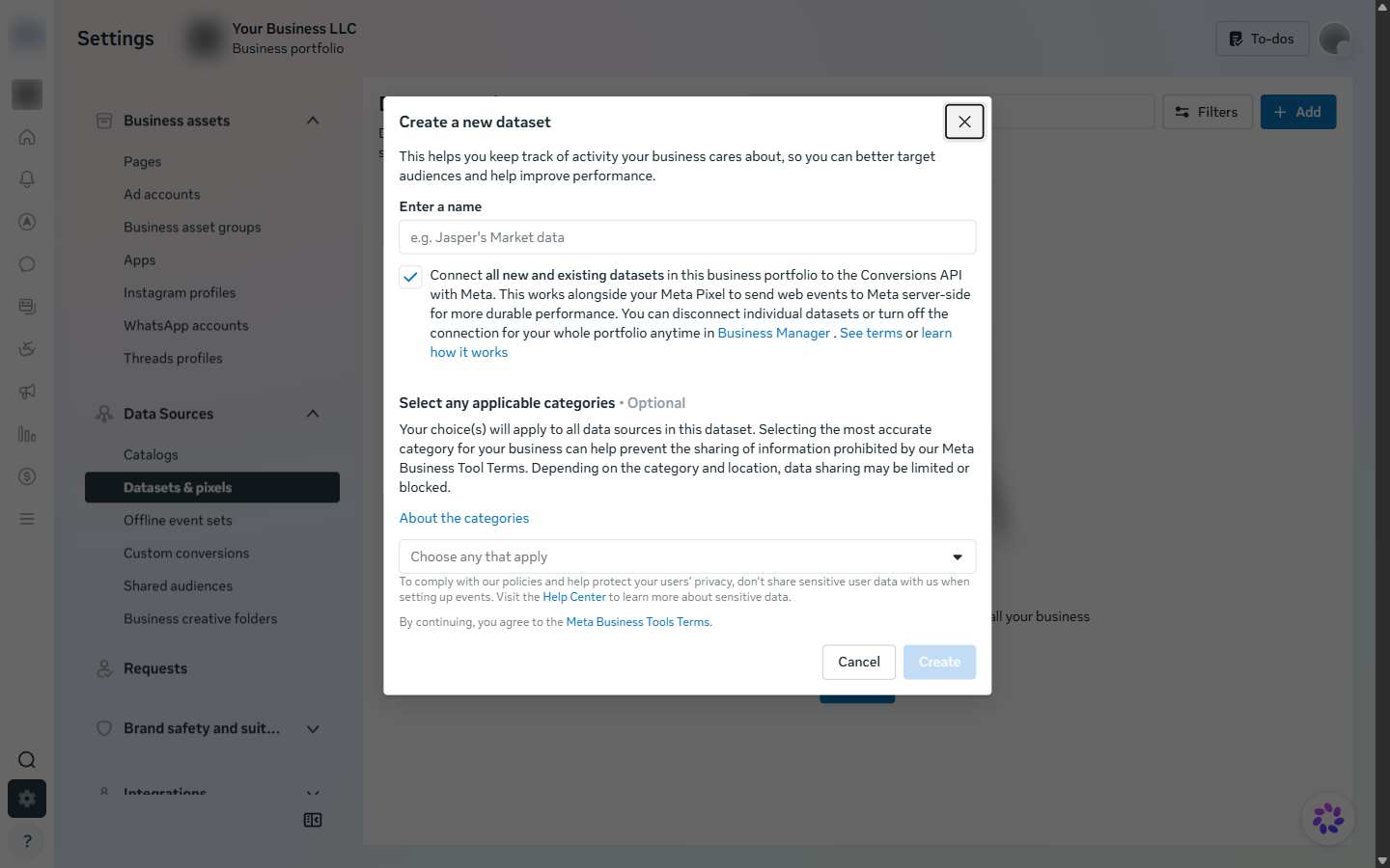 Create a new dataset form with a name field, a Conversions API checkbox and an optional categories dropdown