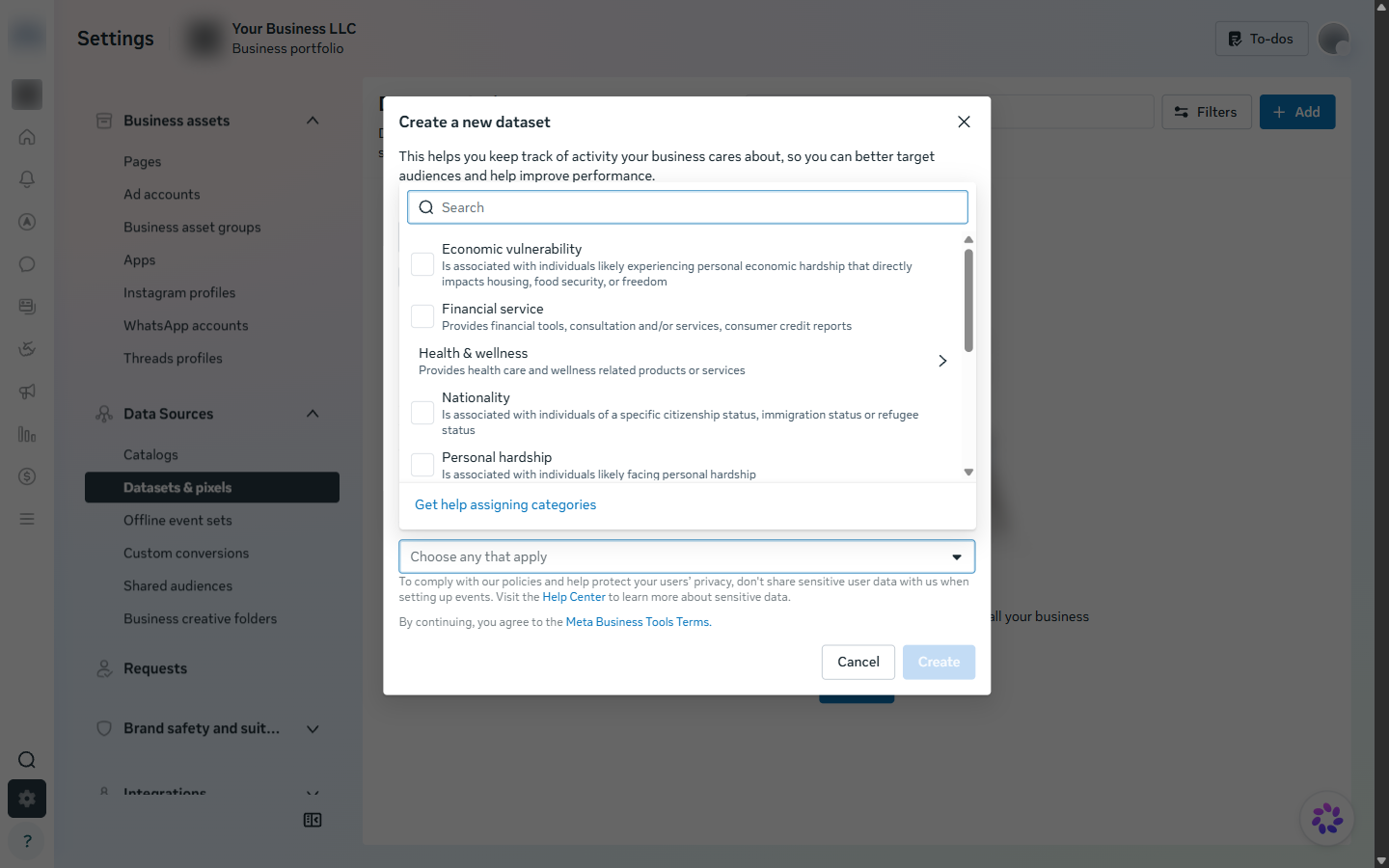 Dataset categories list including Financial service and other sensitive categories