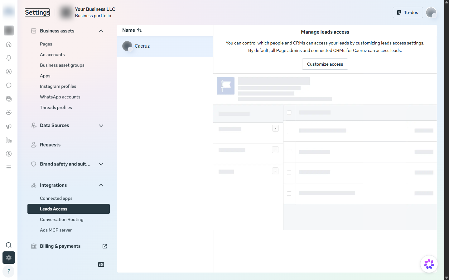 Manage leads access page saying by default all Page admins and connected CRMs can access leads