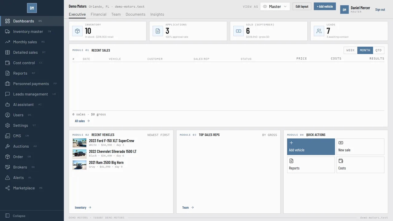 The Caeruz dashboard: inventory, applications, sales and leads counts above the recent sales, the newest vehicles and the top sales reps.