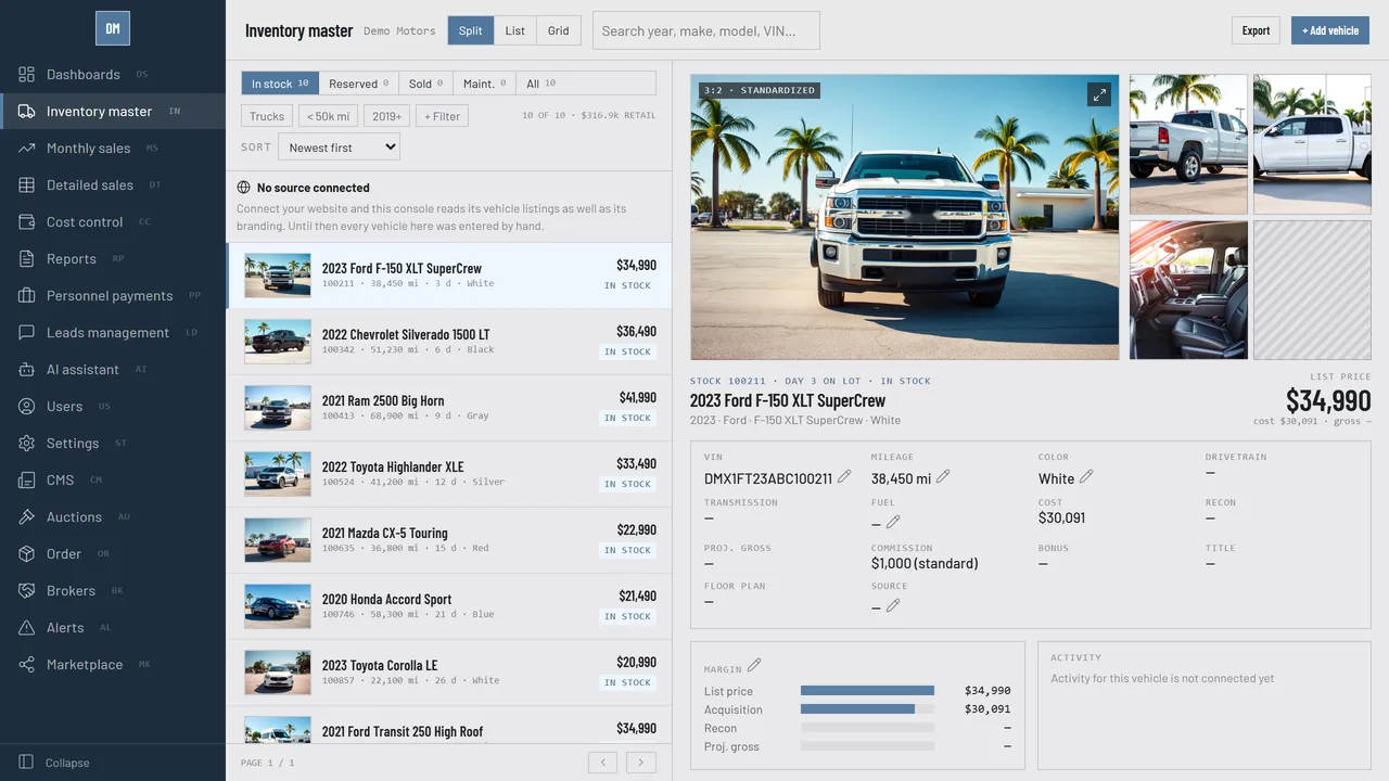 The Caeruz inventory screen: the in-stock list with photos beside the selected vehicle's specification, margin and activity.